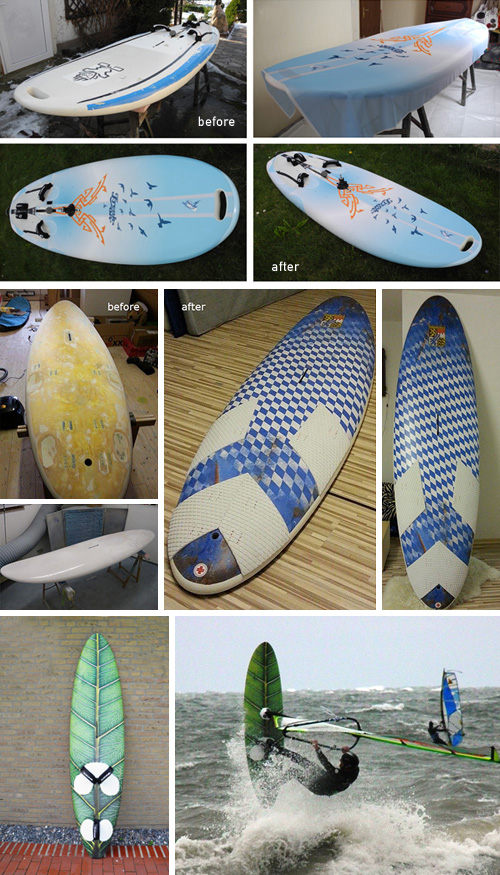 Alte Windsurfboards, die mit Hilfe unserer Grafikvliese aufgepimpt wurden.