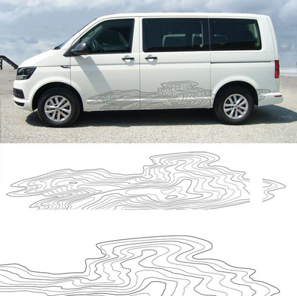 Exklusives Seitenstreifen Aufkleber Set im geologischen Linien- und Topografie-Stil für den professionellen Expeditionsmobil-Look am Camper.