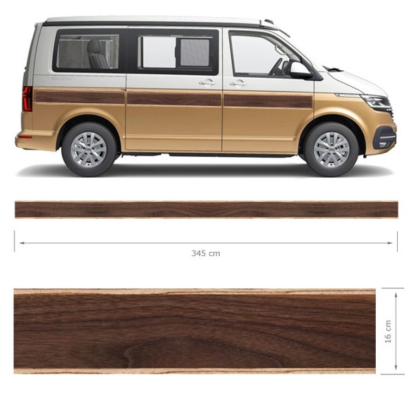 Dunkler Seitenstreifen Aufkleber im edlen Holzstruktur-Design, passgenau aufgeklebt auf der Seite eines modernen Kastenwagens.