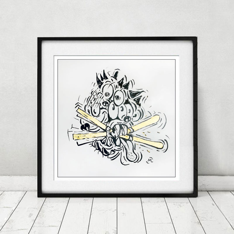 Poster, Dog eats Ski mit Goldeinlage