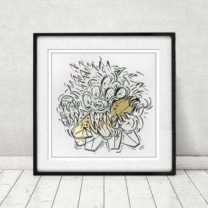 Poster, Dog eats Surfboard mit Goldeinlage