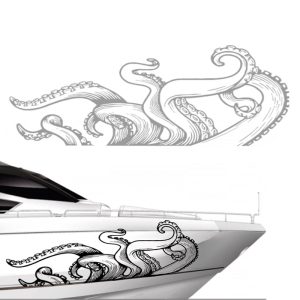 Formschöner Oktopus Boot Aufkleber an der Seitenflanke einer Jacht oberhalb der Wasserlinie.